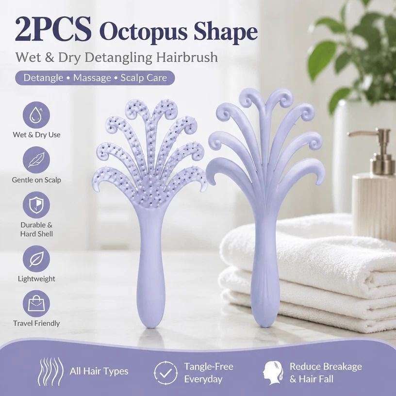 Light Purple Octopus Scalp Massage Brush Gentle Volumising Wet & Dry 2Pcs - Image 1