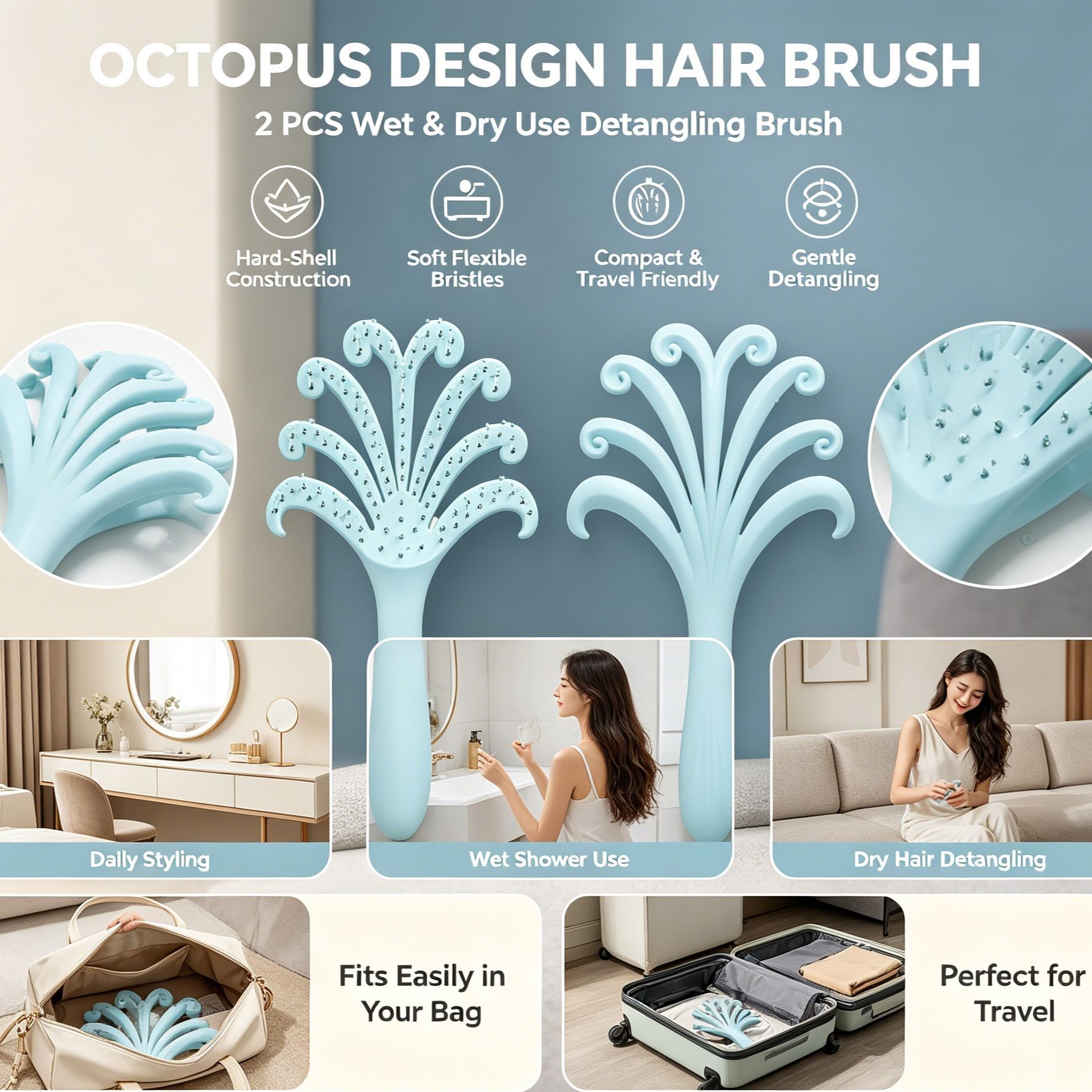 Light Blue Octopus Scalp Massage Brush Gentle Volumising Wet & Dry 2Pcs - Image 1
