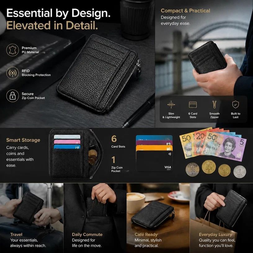Black Vertical Lychee Grain Zipper Card Holder Large Capacity Multi Card Slots Coin Purse - Image 1