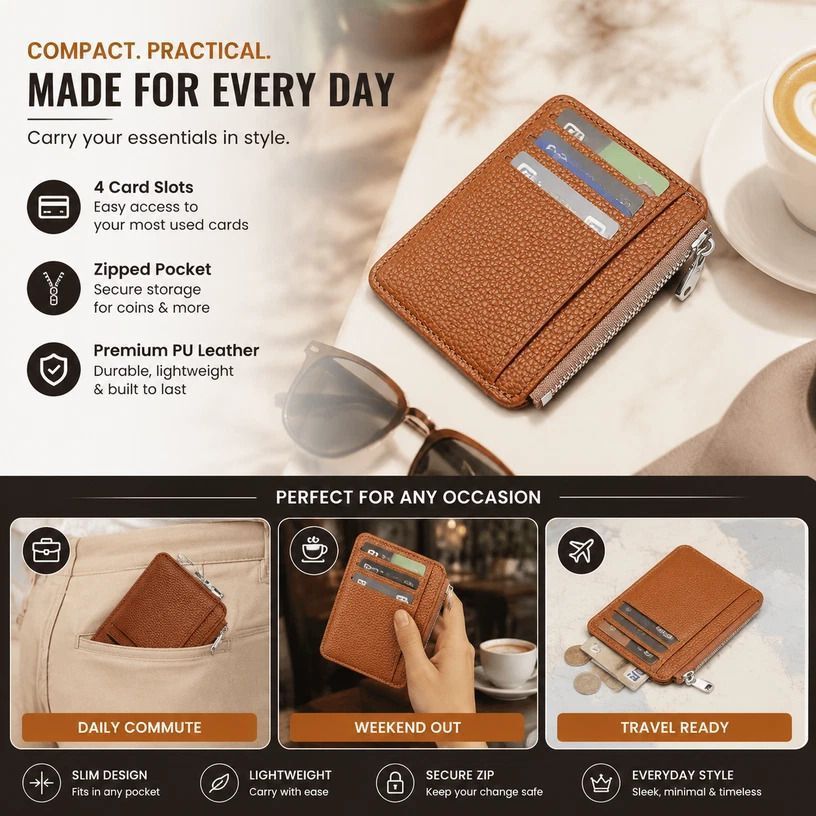 Brown Vertical Casual Card Wallet Lychee Texture Zipper Closure Multi Pocket Card Organizer - Image 1