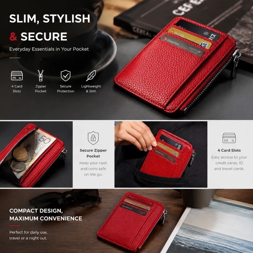 Red Vertical Mini Lychee Grain Card Case Slim Zipper Card Holder Portable Coin Purse - Image 1