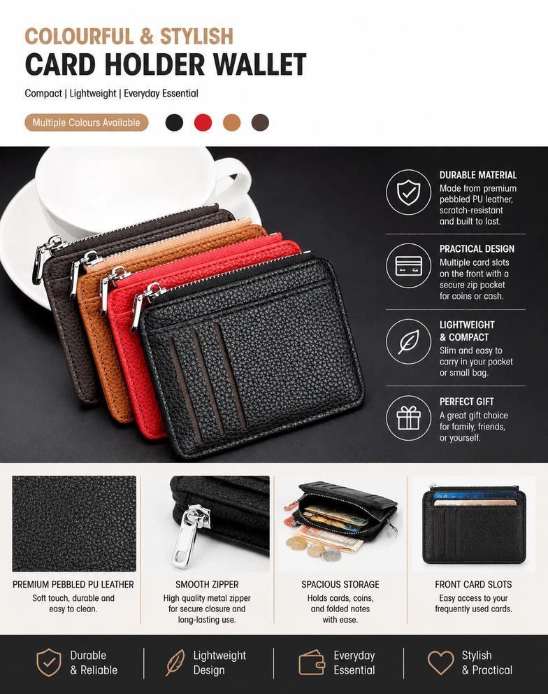 Red Vertical Mini Lychee Grain Card Case Slim Zipper Card Holder Portable Coin Purse - Image 5