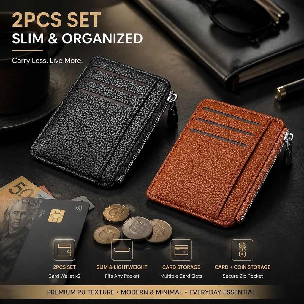 Black & Brown Vertical Card Holder 2 Pack Lychee Grain Zipper for Daily Commute - Image 1