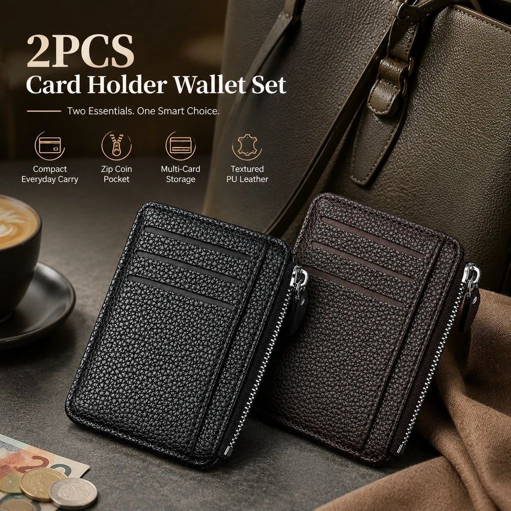 Black & Coffee Vertical Card Wallet Set 2Pcs Lychee Texture Multi Slot Coin Purse Kit - Image 1