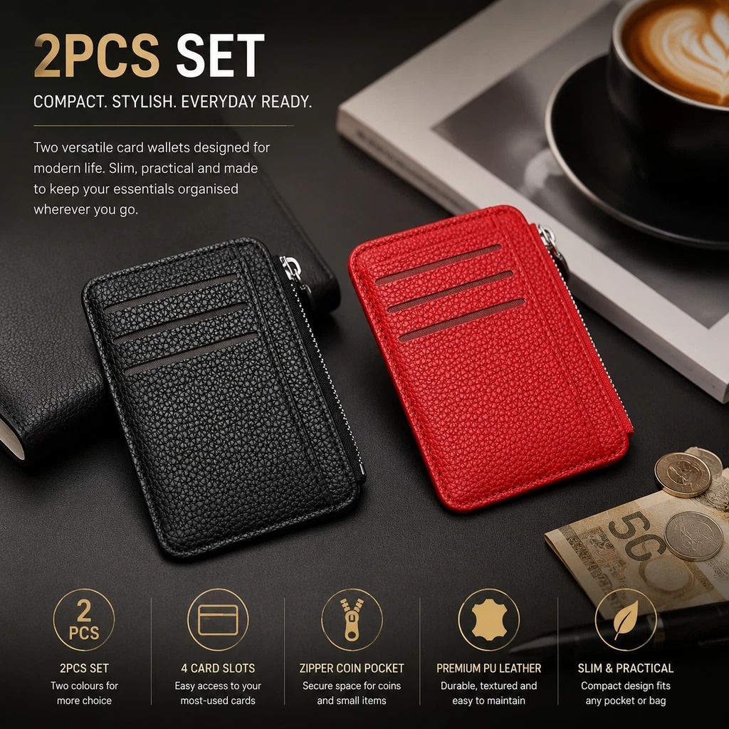 Black & Red Vertical Card Holder 2Pcs Set Lychee Grain Zipper Business & Casual Use - Image 1