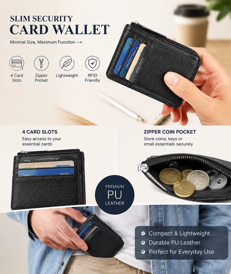Black & Red Vertical Card Holder 2Pcs Set Lychee Grain Zipper Business & Casual Use - Image 2