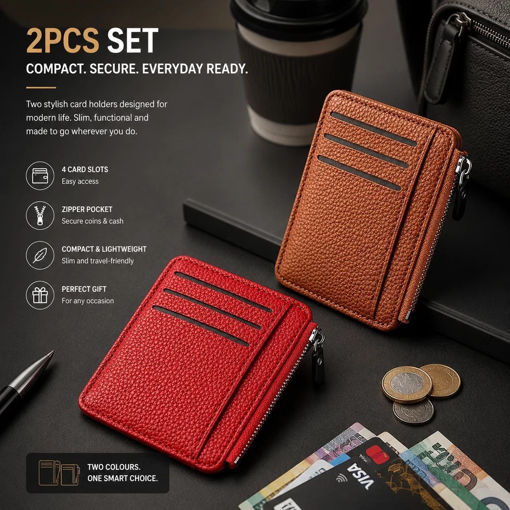 Brown & Red Vertical Card Wallet 2 Pack Lychee Grain Zipper for Travel Outfit Matching - Image 1
