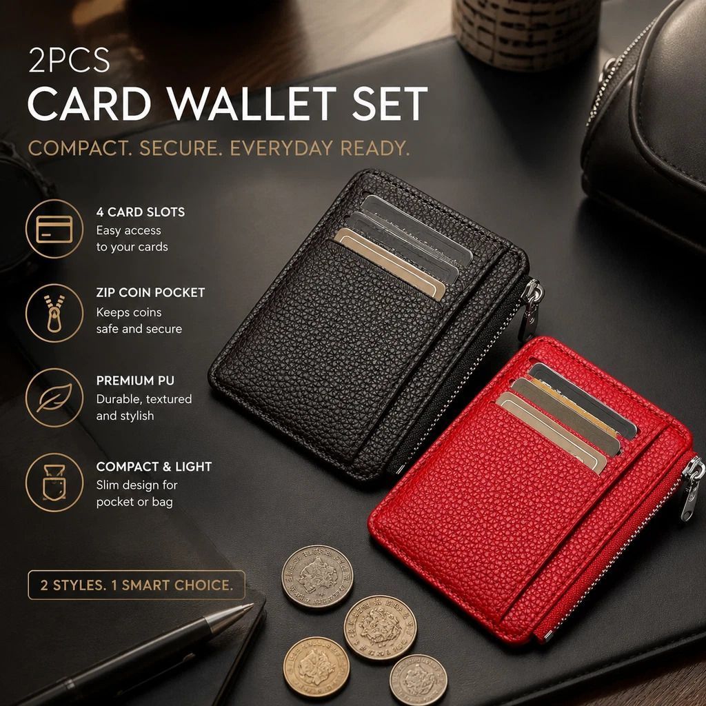 Coffee & Red Vertical Card Holder Combo Pack Lychee Grain All-match Coin Purse Set - Image 1