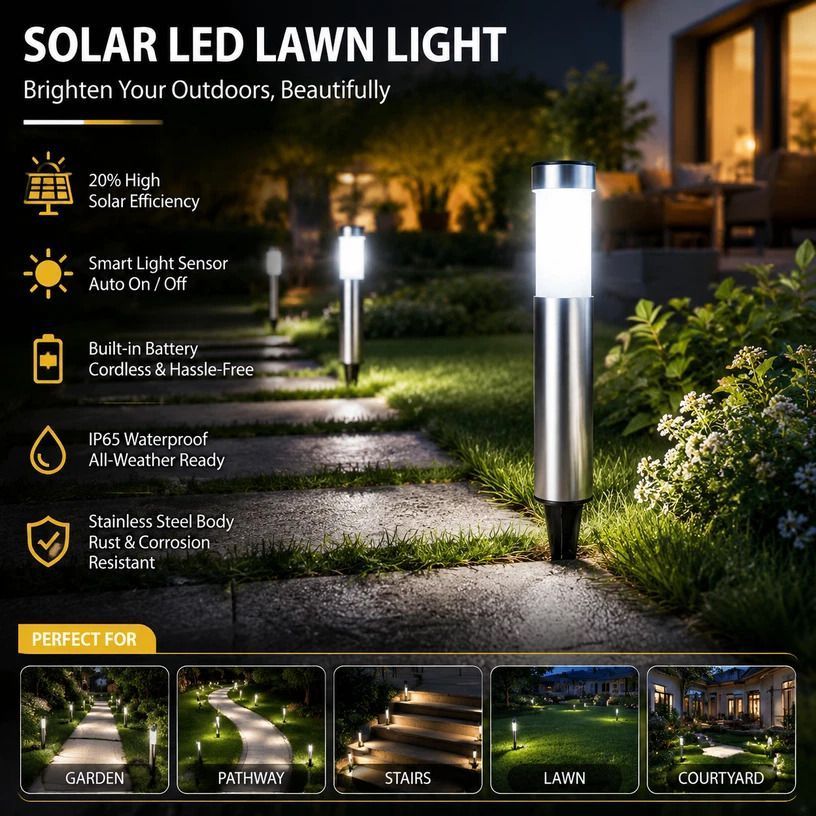 Large Silver Cool White Solar LED Stainless Steel Lawn Light - Image 1
