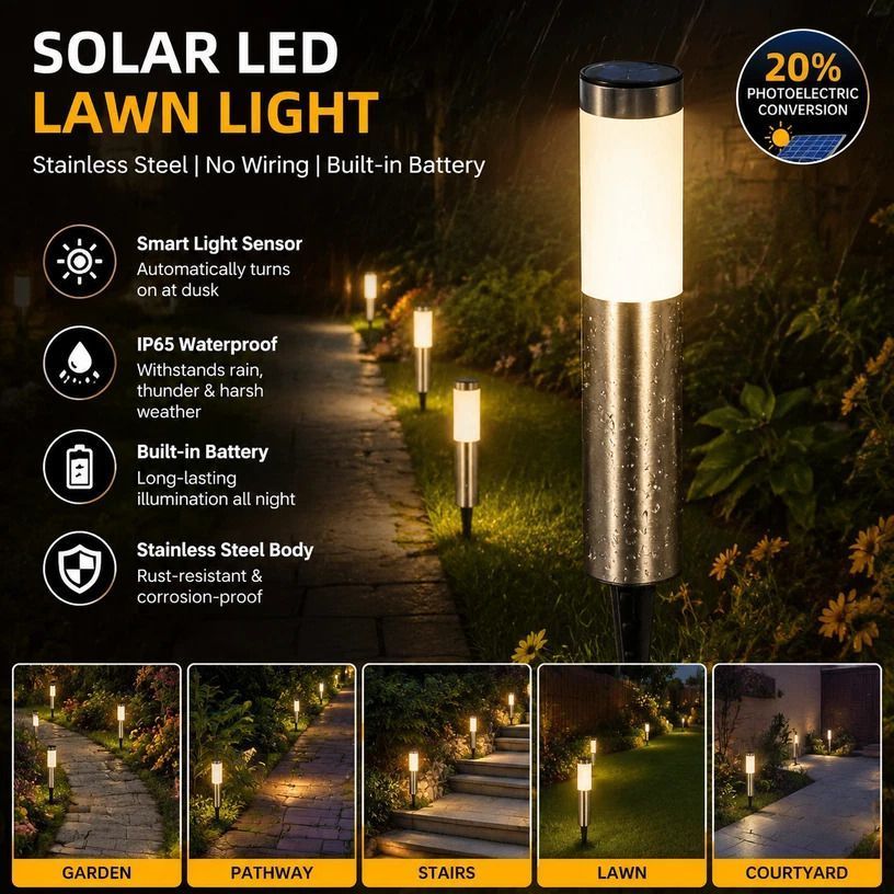 Large Silver Warm White Solar LED Garden Path Light - Image 1