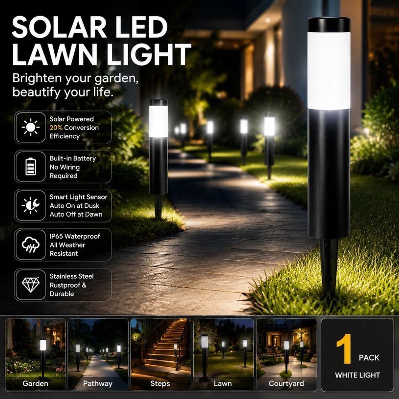 Large Black Cool White Solar LED Stainless Steel Yard Light - Image 1