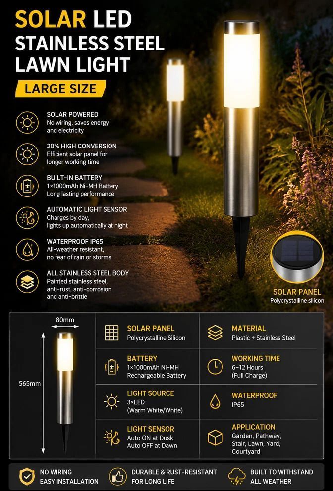 Large Black Warm White Solar LED Outdoor Garden Light - Image 2