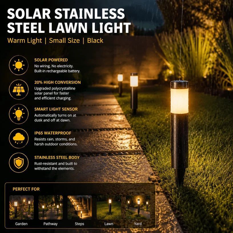 Small Black Warm White Solar LED Stainless Steel Lawn Light - Image 1
