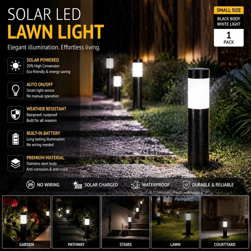 Small Black Cool White Solar LED Garden Path Light - Image 1