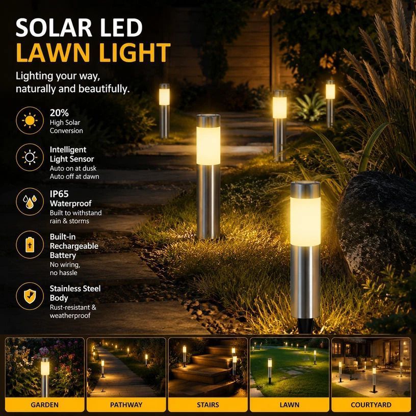 Small Silver Warm White Solar LED Stainless Steel Yard Light - Image 1