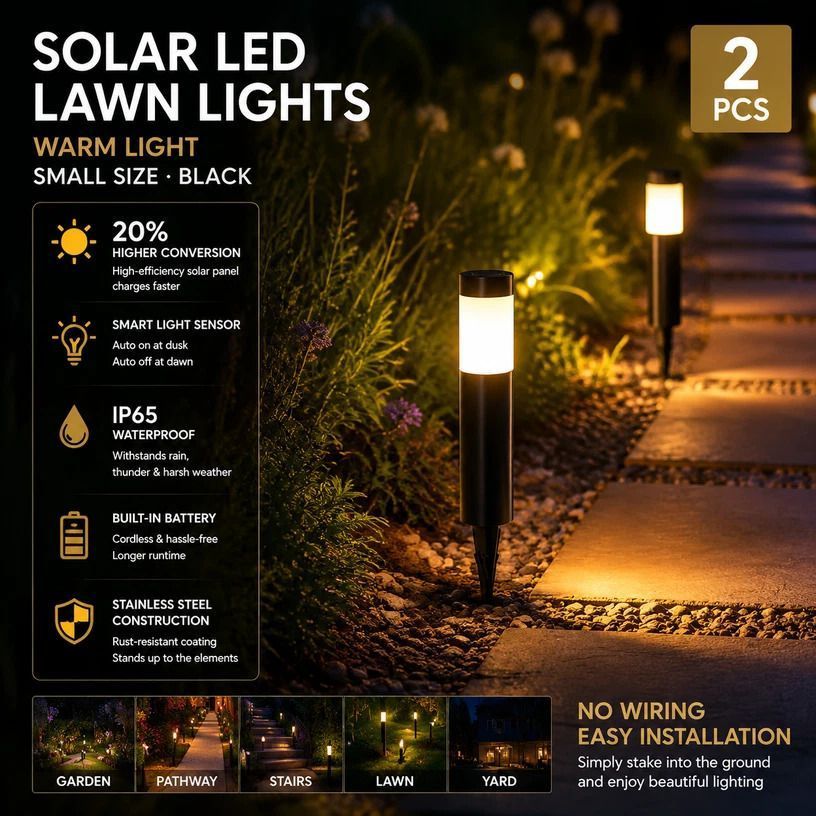 Small Black Warm White Solar LED Lawn Light 2Pcs - Image 1