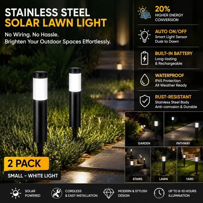 Small Black Cool White Solar LED Path Light 2Pcs - Image 1