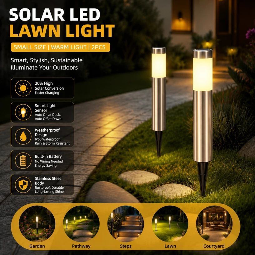 Small Silver Warm White Solar LED Yard Light 2Pcs - Image 1
