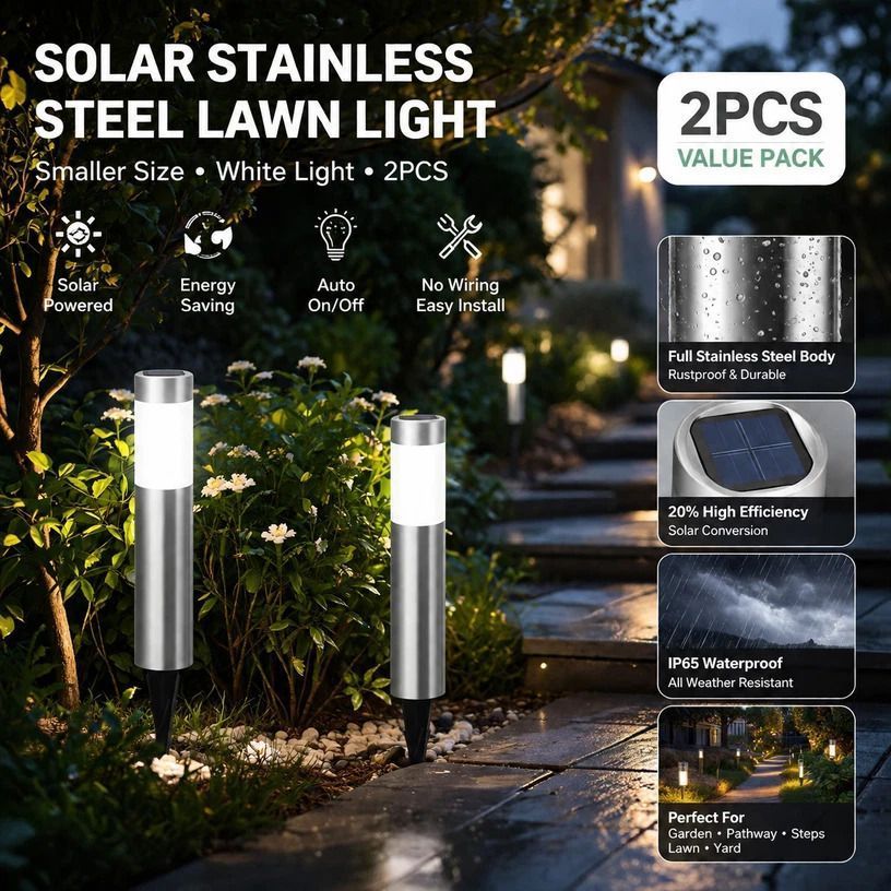 Small Silver Cool White Solar LED Garden Light 2Pcs - Image 1