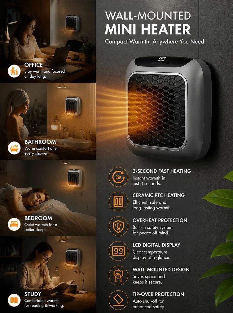 Wall Mount Mini Fan Heater Timer Portable Electric Heater Home Office - Image 1