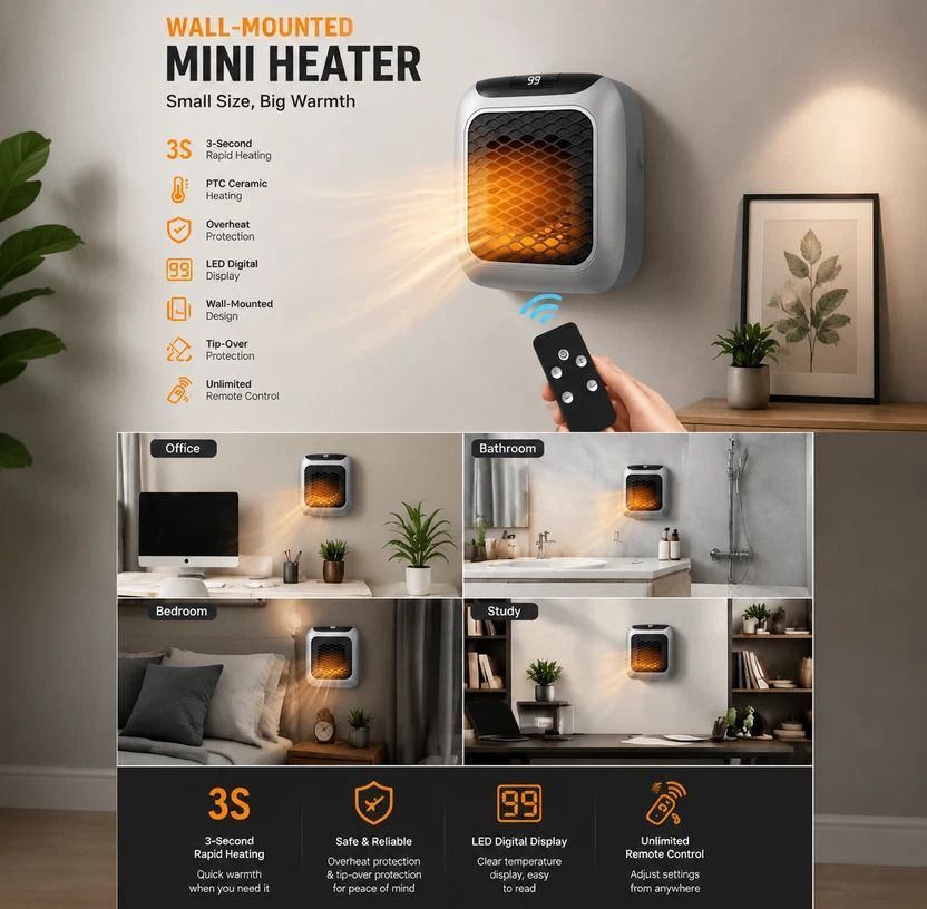 Wall Mount Mini Heater with Remote Timer Portable Electric Warmer for Home Office - Image 1