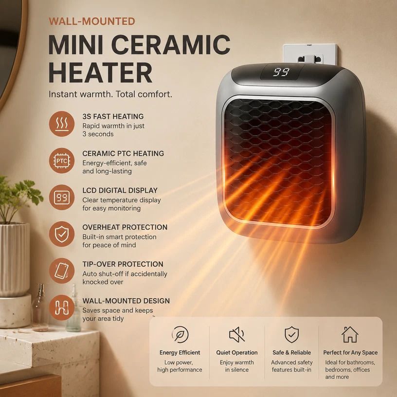 Wall Mount Mini Heater with Remote Timer Portable Electric Warmer for Home Office - Image 2