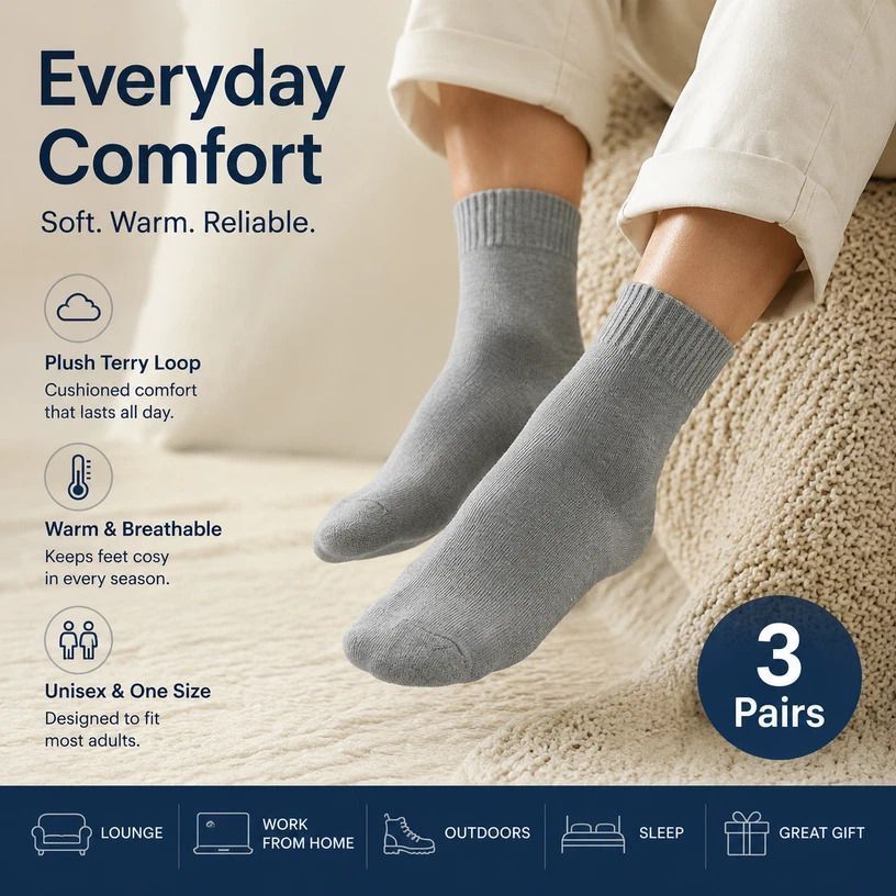 Light Grey Wool Lined Thermal Socks Unisex Thick Terry Winter Socks 3 Pairs - Image 1