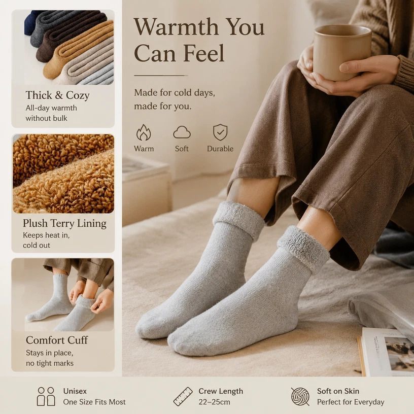 Light Grey Wool Lined Thermal Socks Unisex Thick Terry Winter Socks 3 Pairs - Image 5