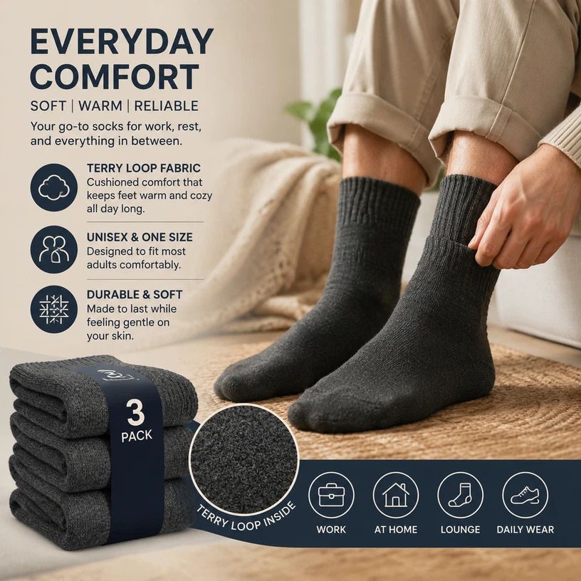 Dark Grey Wool Lined Thermal Socks Unisex Thick Terry Winter Socks 3 Pairs - Image 1