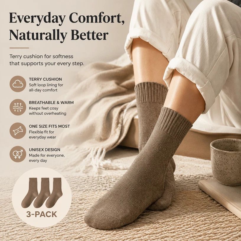 Light Coffee Wool Lined Thermal Socks Unisex Thick Terry Winter Socks 3 Pairs - Image 1