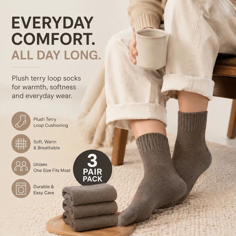 Dark Coffee Wool Lined Thermal Socks Unisex Thick Terry Winter Socks 3 Pairs - Image 1