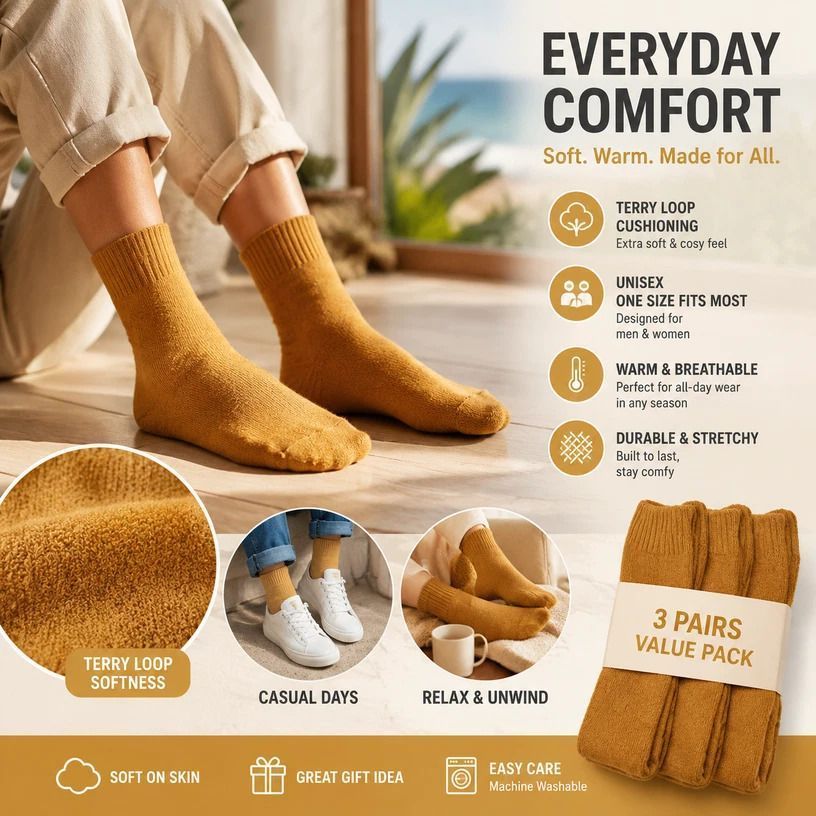 Mustard Wool Lined Thermal Socks Unisex Thick Terry Winter Socks 3 Pairs - Image 1