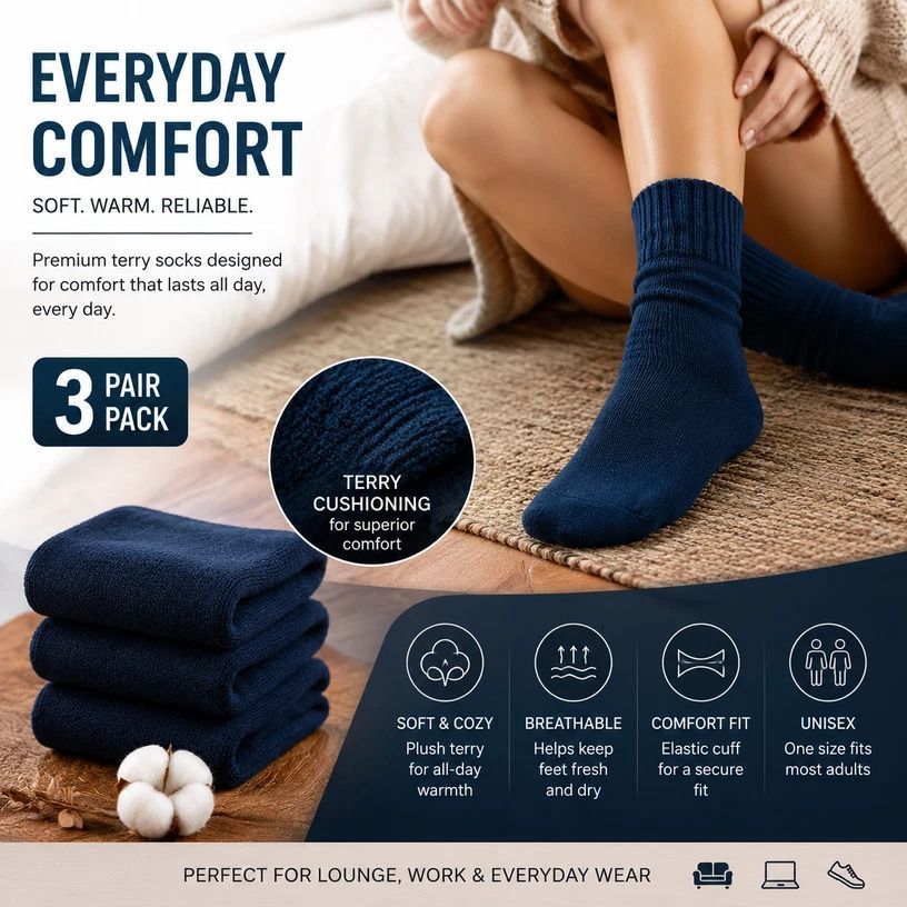 Navy Wool Lined Thermal Socks Unisex Thick Terry Winter Socks 3 Pairs - Image 1