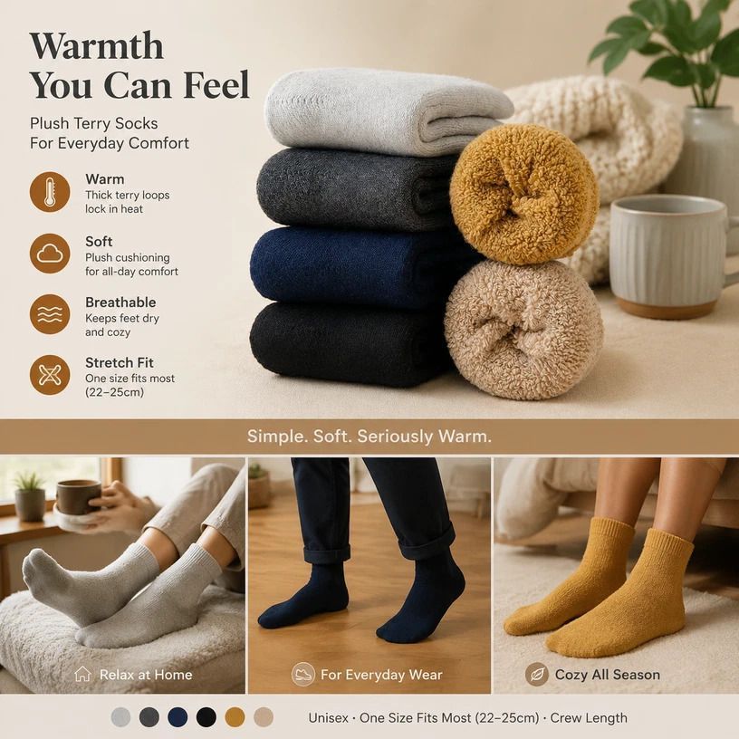Navy Wool Lined Thermal Socks Unisex Thick Terry Winter Socks 3 Pairs - Image 2