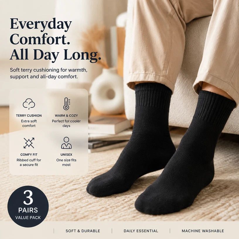 Black Wool Lined Thermal Socks Unisex Thick Terry Winter Socks 3 Pairs - Image 1