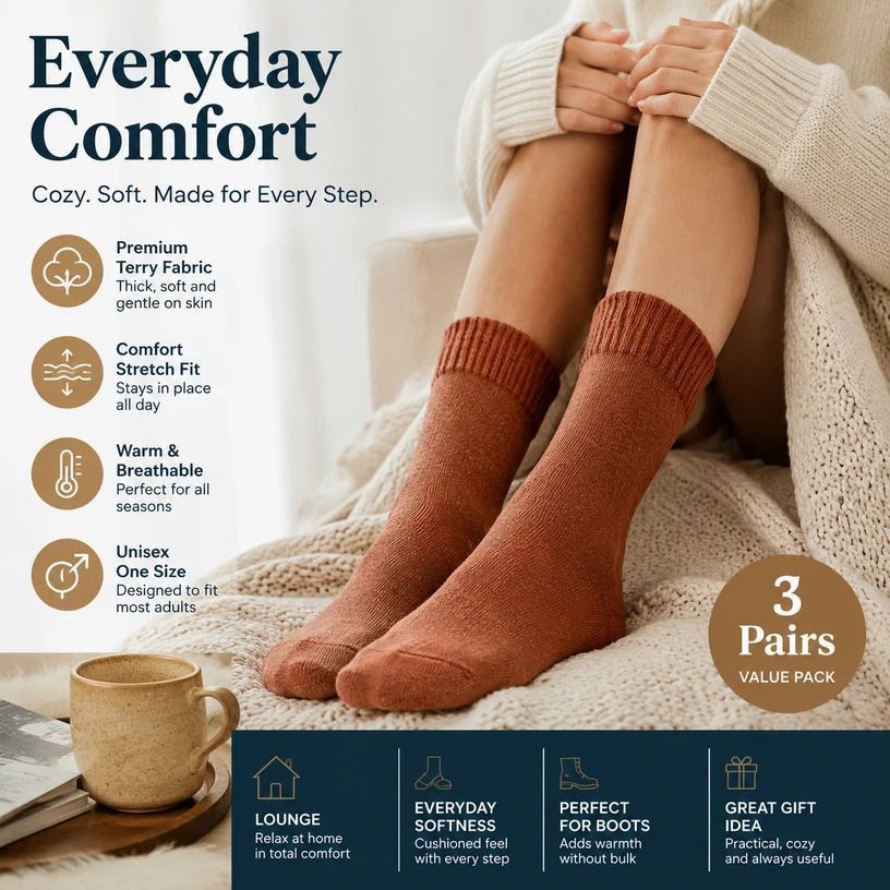 Brick Red Wool Lined Thermal Socks Unisex Thick Terry Winter Socks 3 Pairs - Image 1