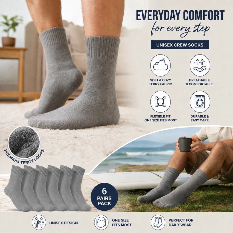 Light Grey Warm Fleece Terry Wool Socks Adult Unisex Loose Top Winter Socks 6 Pairs - Image 1