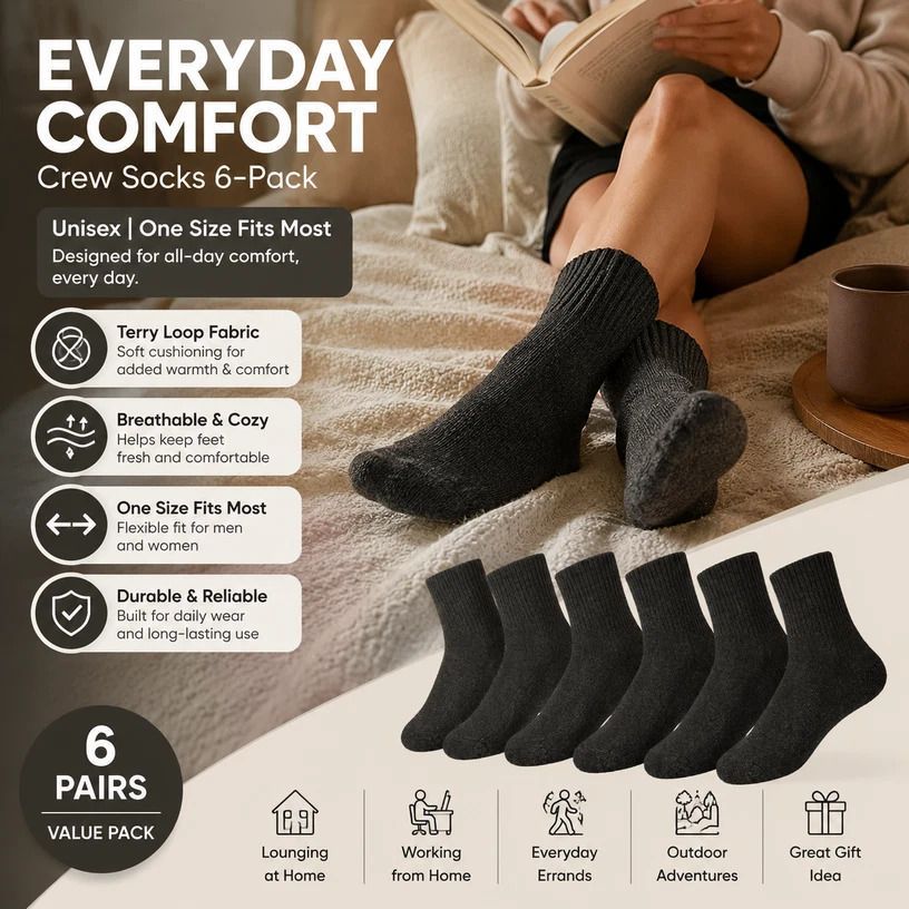 Dark Grey Warm Fleece Terry Wool Socks Adult Unisex Loose Top Winter Socks 6 Pairs - Image 1