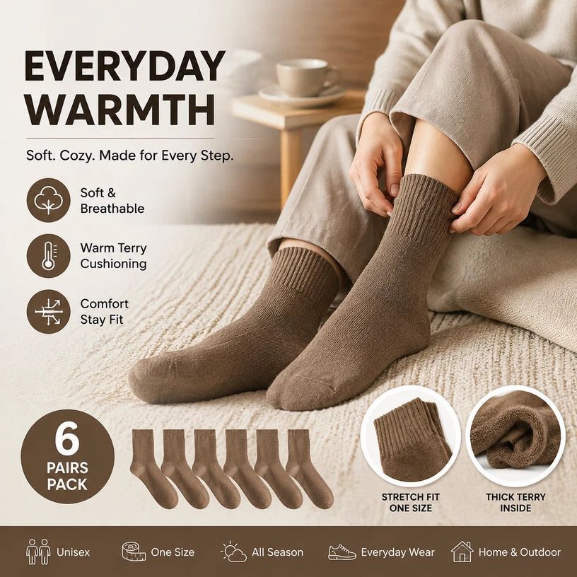 Light Coffee Warm Fleece Terry Wool Socks Adult Unisex Loose Top Winter Socks 6 Pairs - Image 1