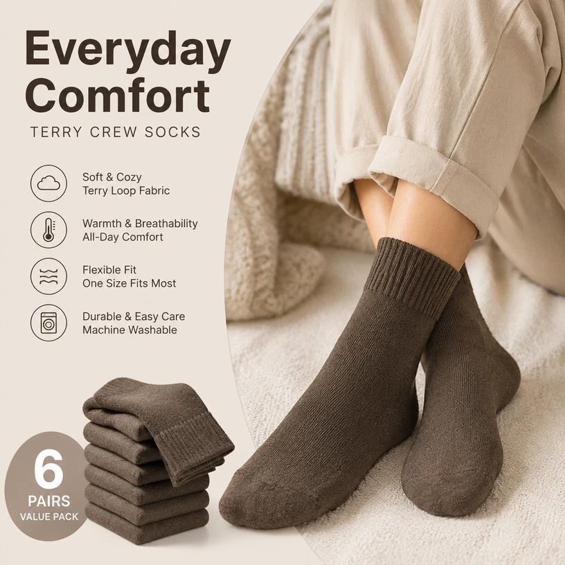 Dark Coffee Warm Fleece Terry Wool Socks Adult Unisex Loose Top Winter Socks 6 Pairs - Image 1