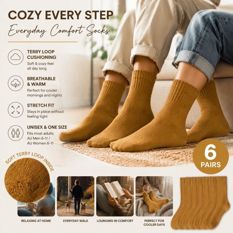 Mustard Warm Fleece Terry Wool Socks Adult Unisex Loose Top Winter Socks 6 Pairs - Image 1