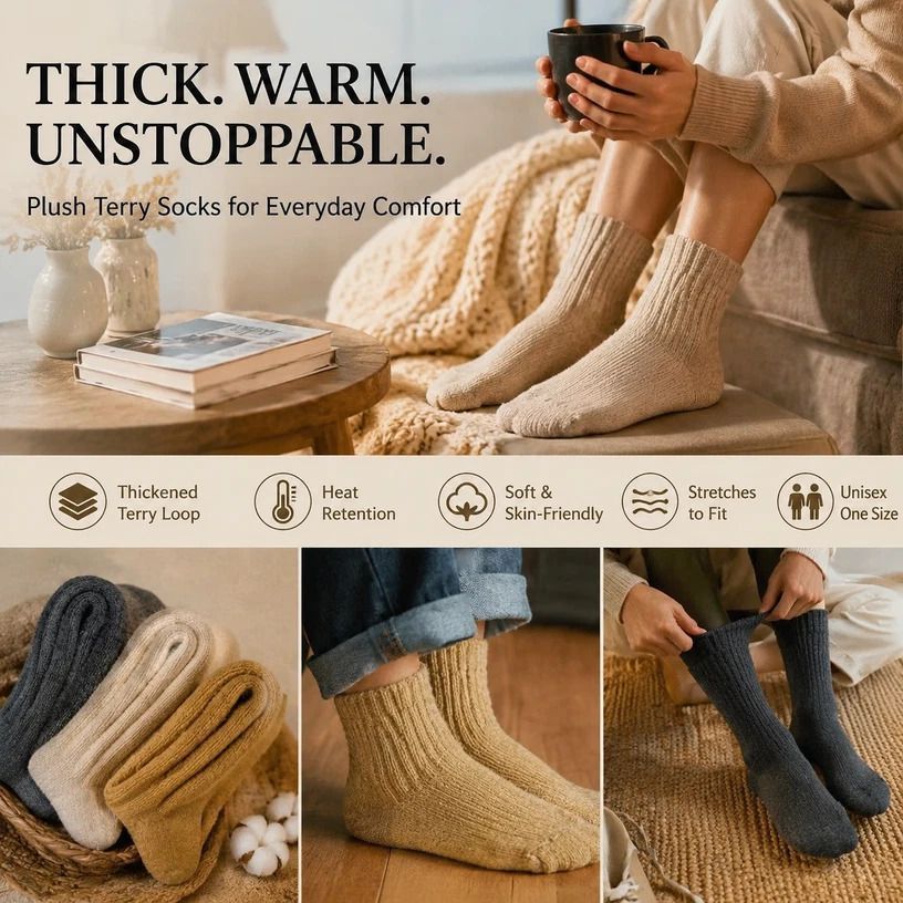 Mustard Warm Fleece Terry Wool Socks Adult Unisex Loose Top Winter Socks 6 Pairs - Image 3