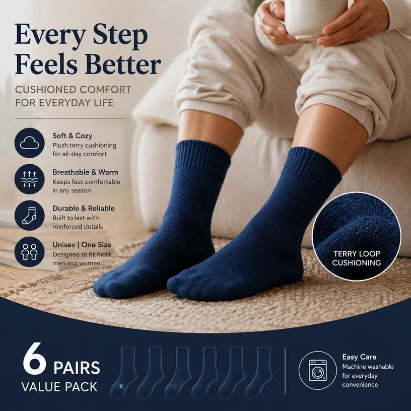 Navy Warm Fleece Terry Wool Socks Adult Unisex Loose Top Winter Socks 6 Pairs - Image 1