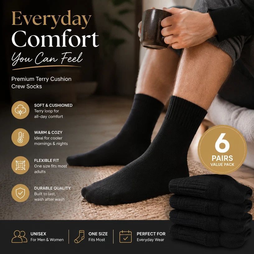 Black Warm Fleece Terry Wool Socks Adult Unisex Loose Top Winter Socks 6 Pairs - Image 1