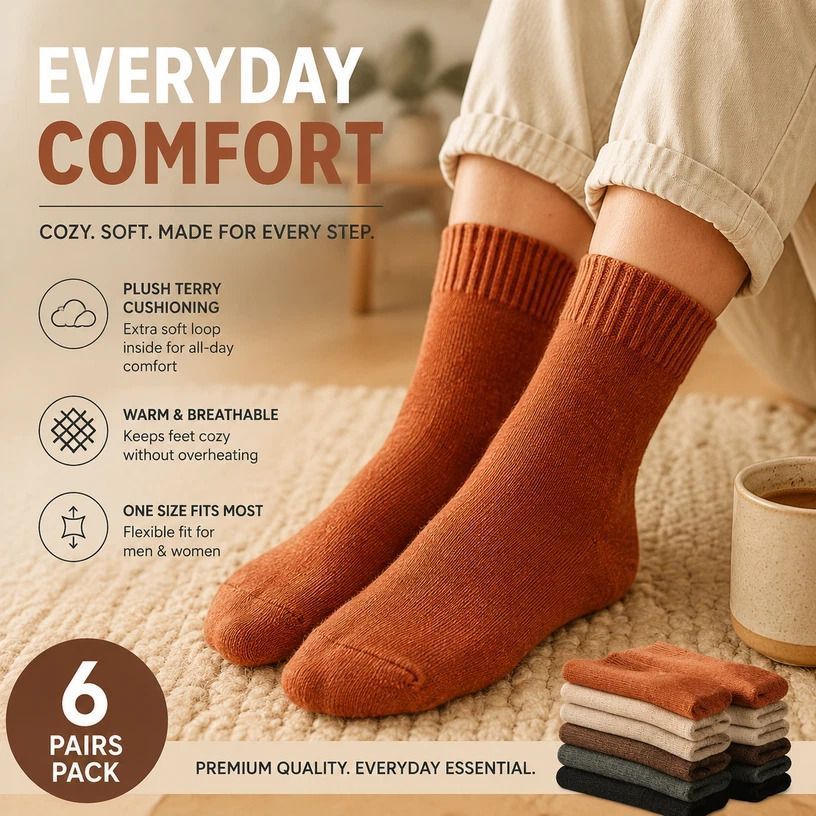 Brick Red Warm Fleece Terry Wool Socks Adult Unisex Loose Top Winter Socks 6 Pairs - Image 1