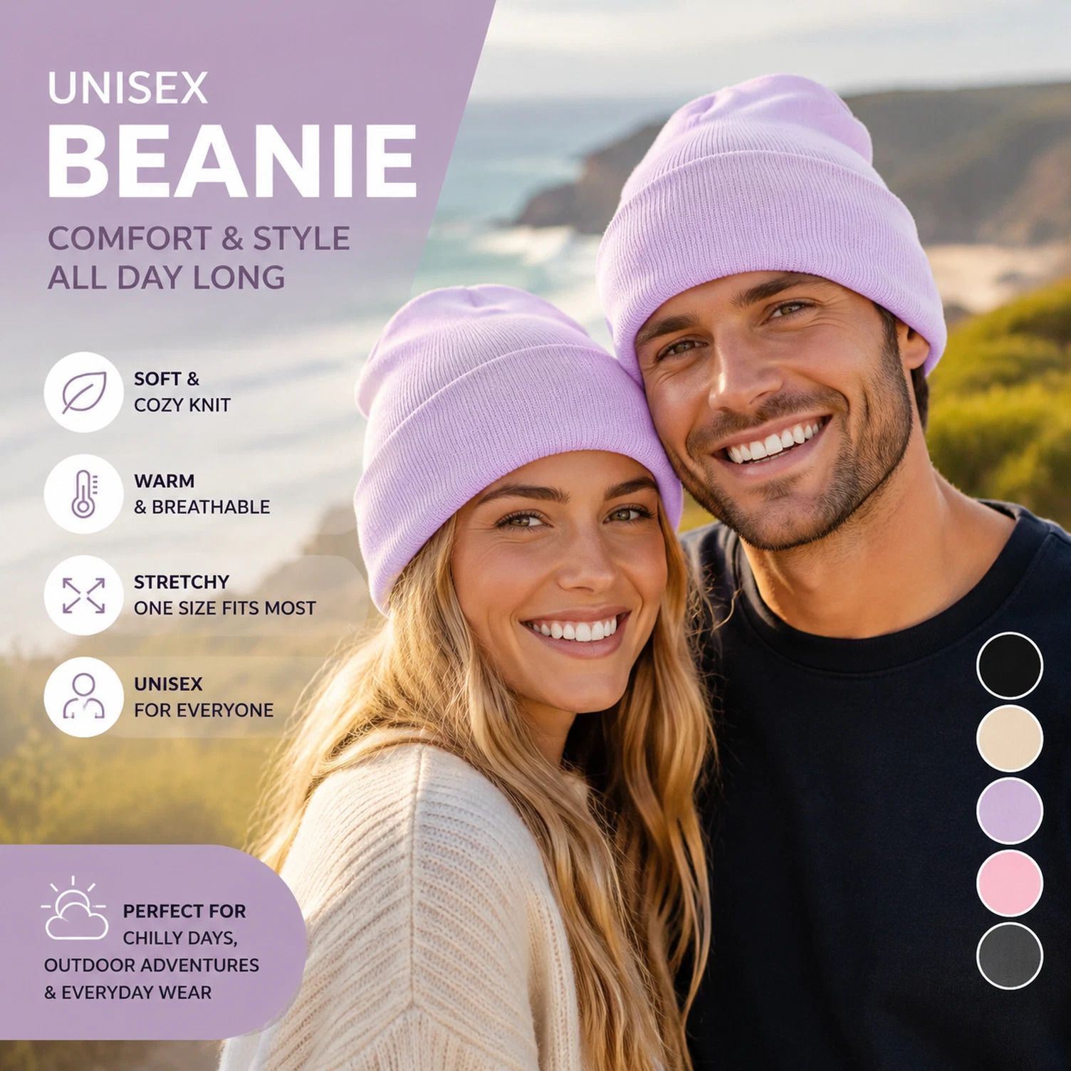 Violet Solid Knitted Hat Comfort Warm Outdoor Beanie Cap 1Pc - Image 1