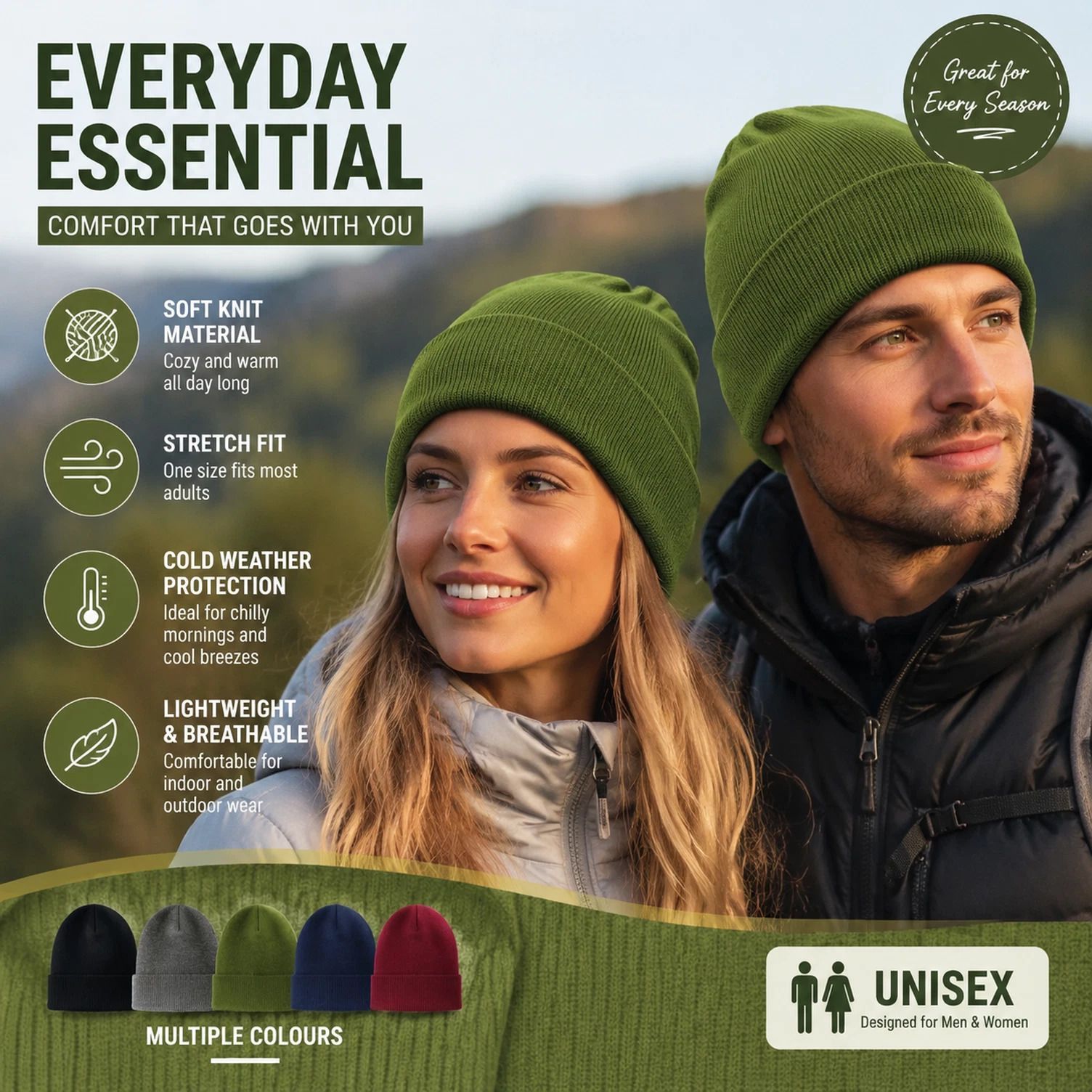 Green Thick Knit Beanie Windproof Simple Winter Headwear 1Pc - Image 1