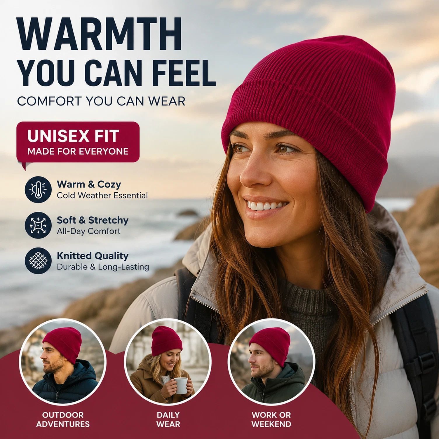 Wine Red Knitted Winter Hat Vintage Plain Soft Beanie 1Pc - Image 1