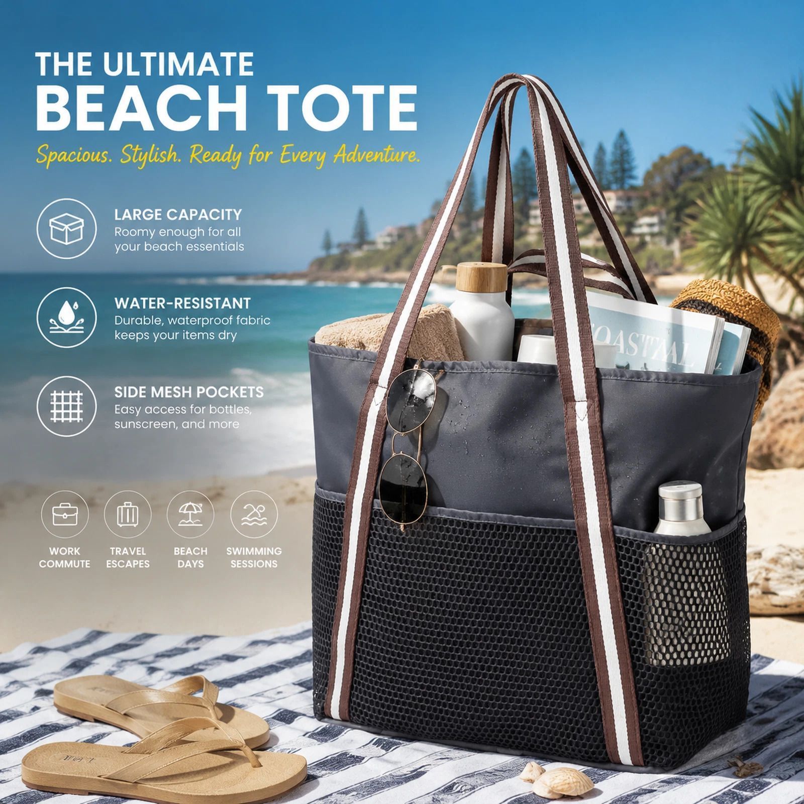 Dark Grey Large Waterproof Beach Handbag Portable Swim Tote Bag - Image 1