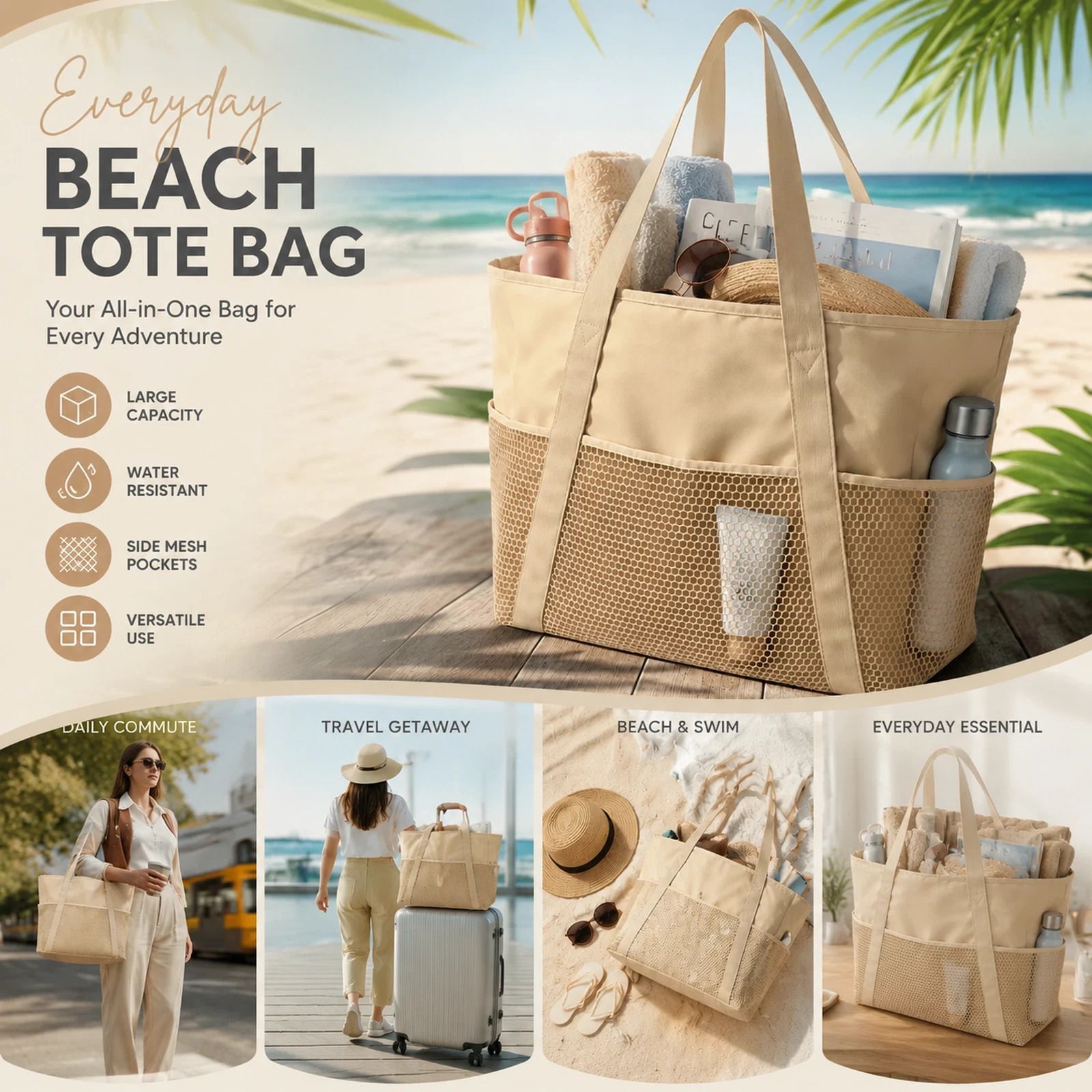 Beige Waterproof Travel Tote Large Capacity Beach Carry Bag - Image 1